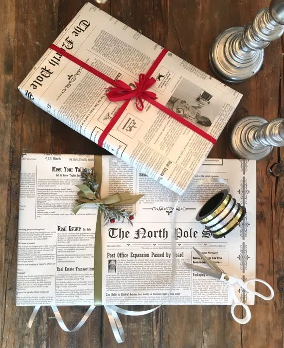Gifts wrapped in The North Pole Sun newspaper